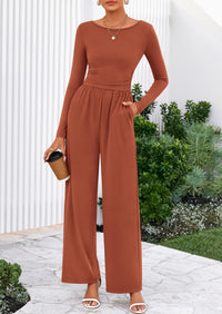 PRETTYGARDEN One Piece Jumpsuits for Women Dressy Casual Long Sleeve Crewneck Wide Leg Romper Overalls Spring Outfits