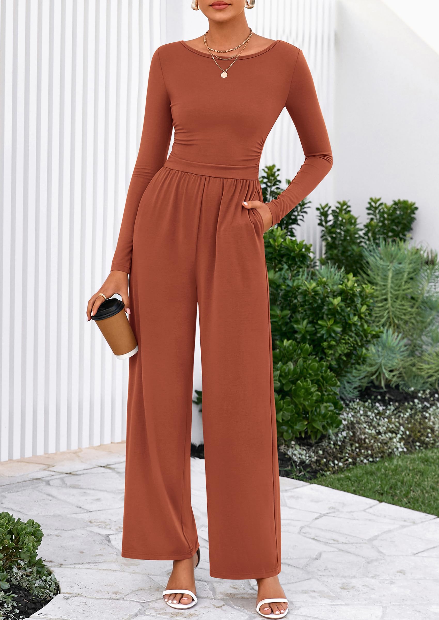 PRETTYGARDEN One Piece Jumpsuits for Women Dressy Casual Long Sleeve Crewneck Wide Leg Romper Overalls Spring Outfits