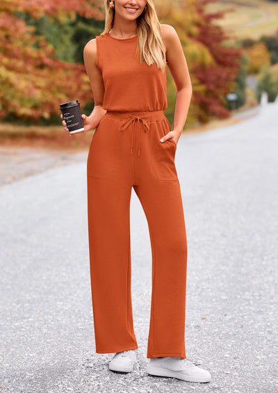 PRETTYGARDEN Womens Jumpsuits Summer Casual One Piece Outfits Sleeveless Wide Leg Long Pants Rompers