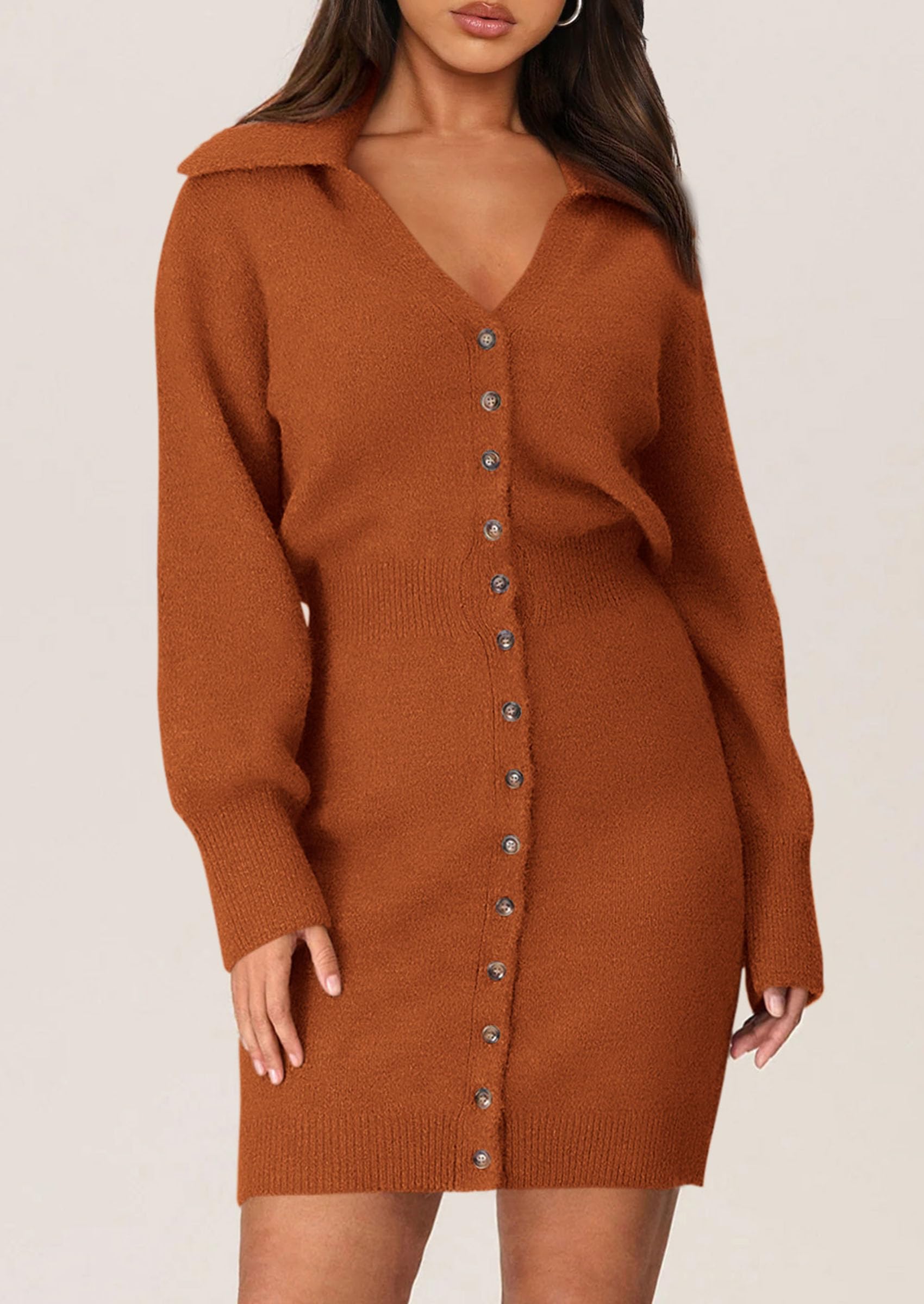 PRETTYGARDEN Sweater Dresses for Women Trendy Long Sleeve Button Down Short Spring Dress