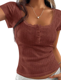 PRETTYGARDEN Summer Tops for Women 2026 Short Sleeve Lace Trim Slim Fitted Henley Tee Shirts Y2K Fashion Clothing PRETTYGARDEN