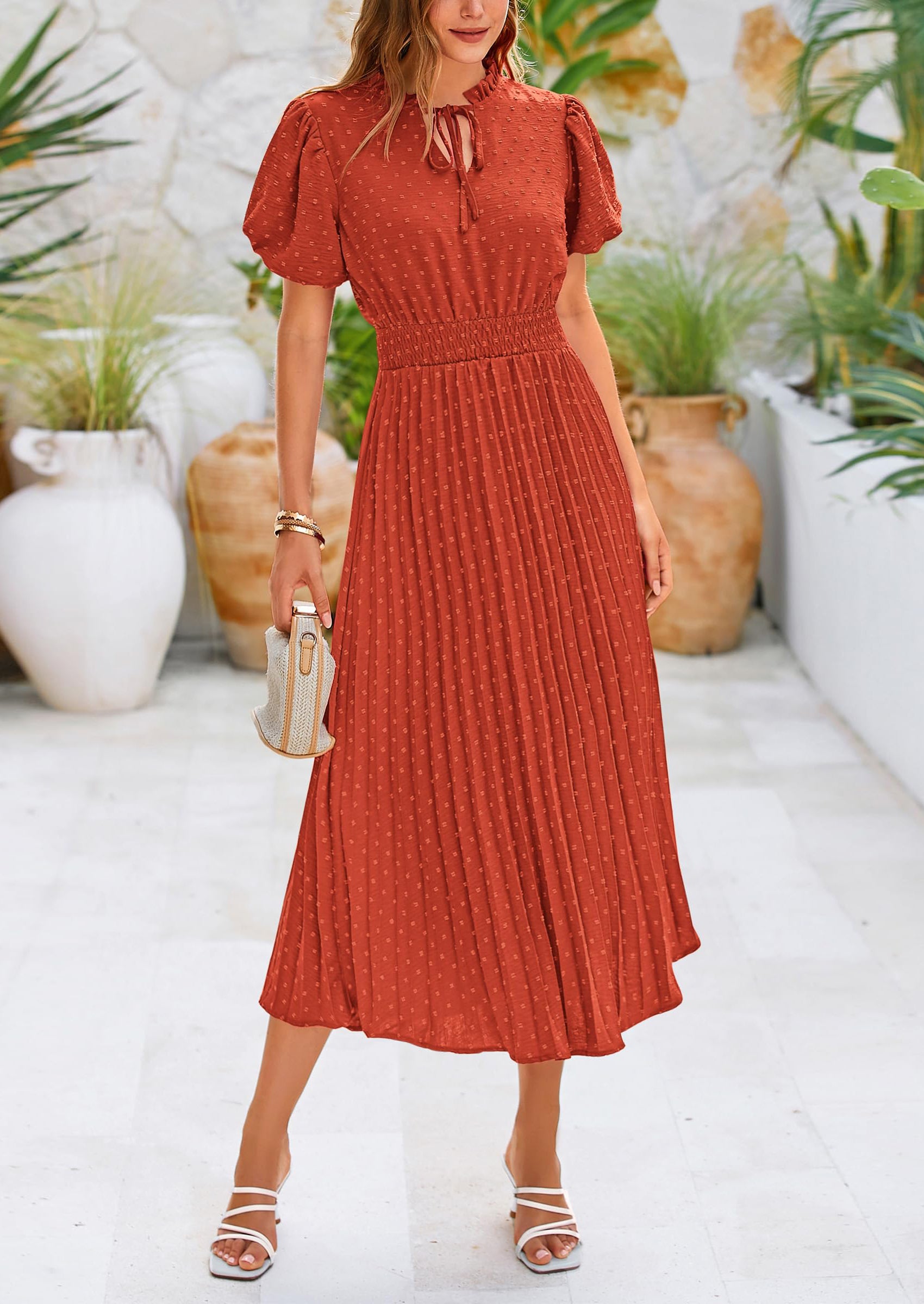 PRETTYGARDEN Womens Midi Dresses Puff Short Sleeve V Neck Swiss Dot Pleated A Line Flowy Long Wedding Guest Dress