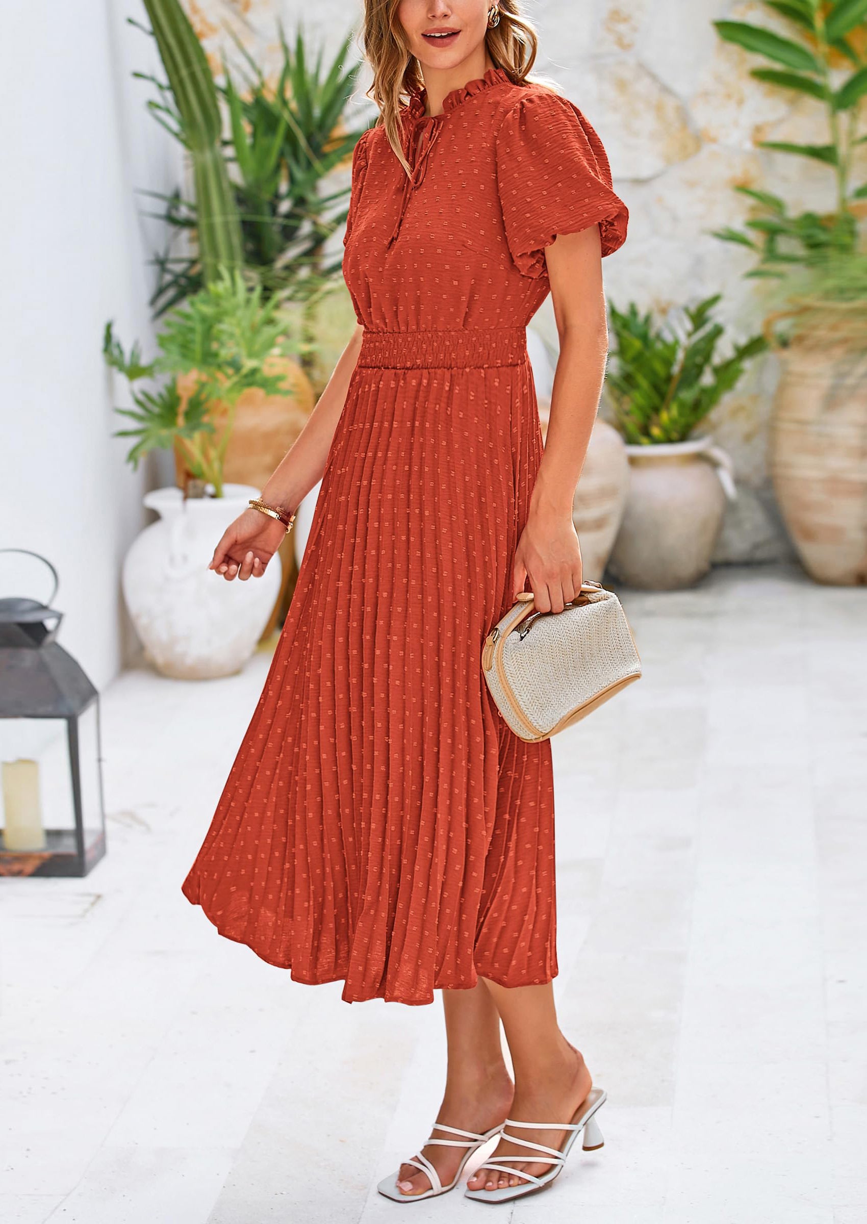 PRETTYGARDEN Womens Midi Dresses Puff Short Sleeve V Neck Swiss Dot Pleated A Line Flowy Long Wedding Guest Dress