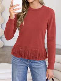 PRETTYGARDEN Womens Crewneck Long Sleeve Fringe Sweaters Pullover Tops Fringed Hemline, Ribbed Knit, Loose Fit, Bohemian Style, Soft Comfy Cute Sweater, Fall Winter Outfits, Casual Daily Wear