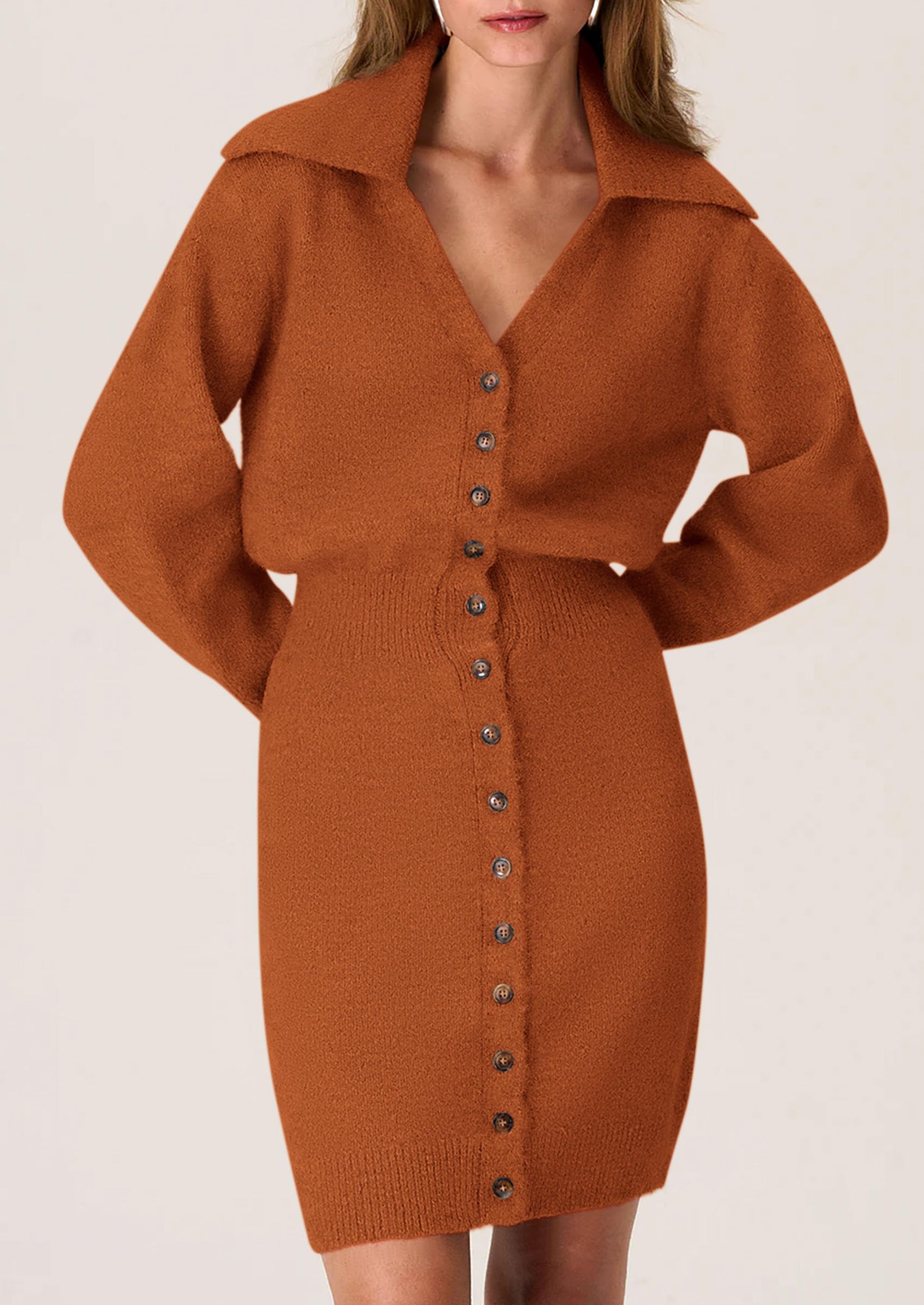 PRETTYGARDEN Sweater Dresses for Women Trendy Long Sleeve Button Down Short Spring Dress