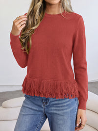 PRETTYGARDEN Womens Crewneck Long Sleeve Fringe Sweaters Pullover Tops Fringed Hemline, Ribbed Knit, Loose Fit, Bohemian Style, Soft Comfy Cute Sweater, Fall Winter Outfits, Casual Daily Wear