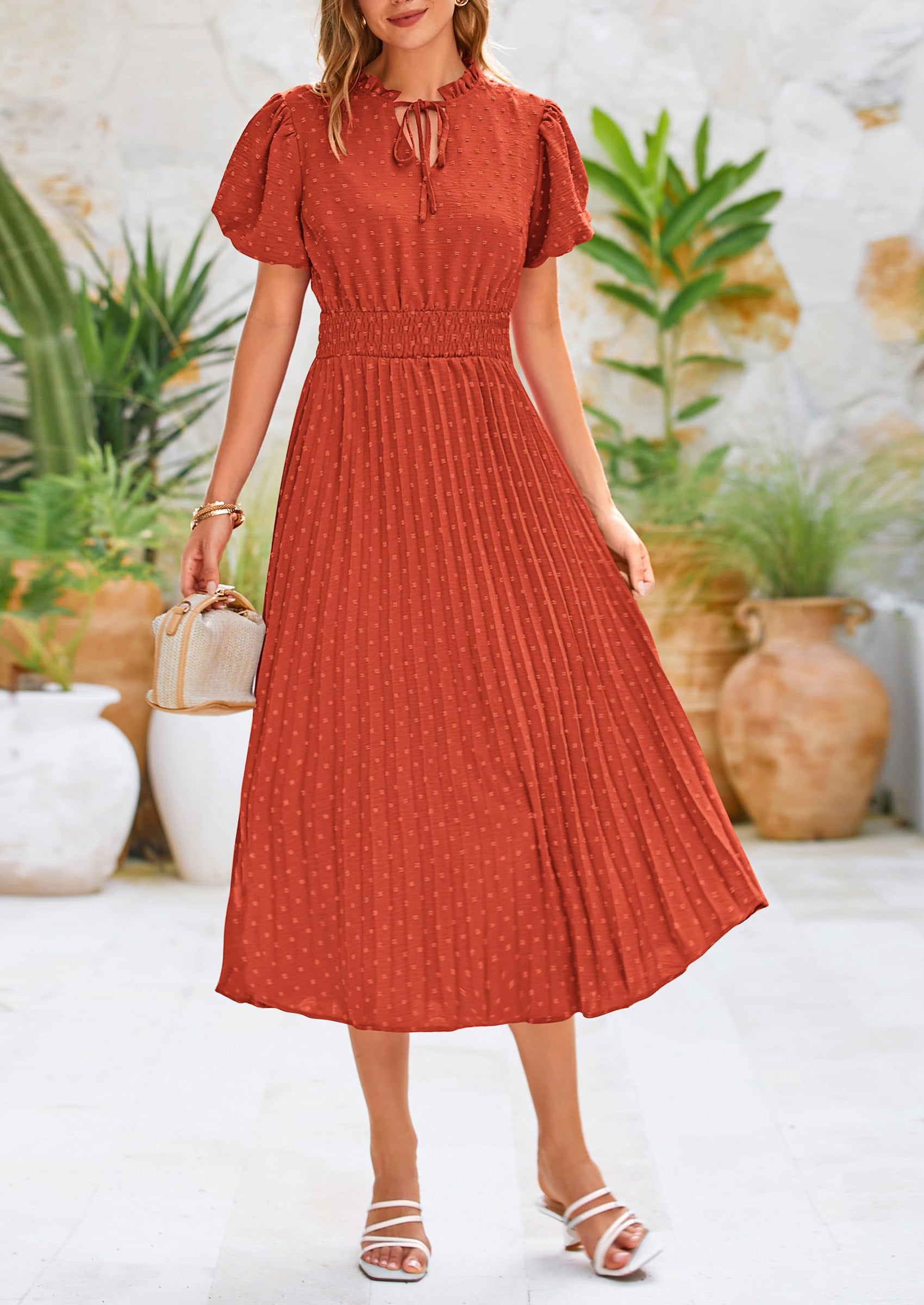 PRETTYGARDEN Womens Midi Dresses Puff Short Sleeve V Neck Swiss Dot Pleated A Line Flowy Long Wedding Guest Dress