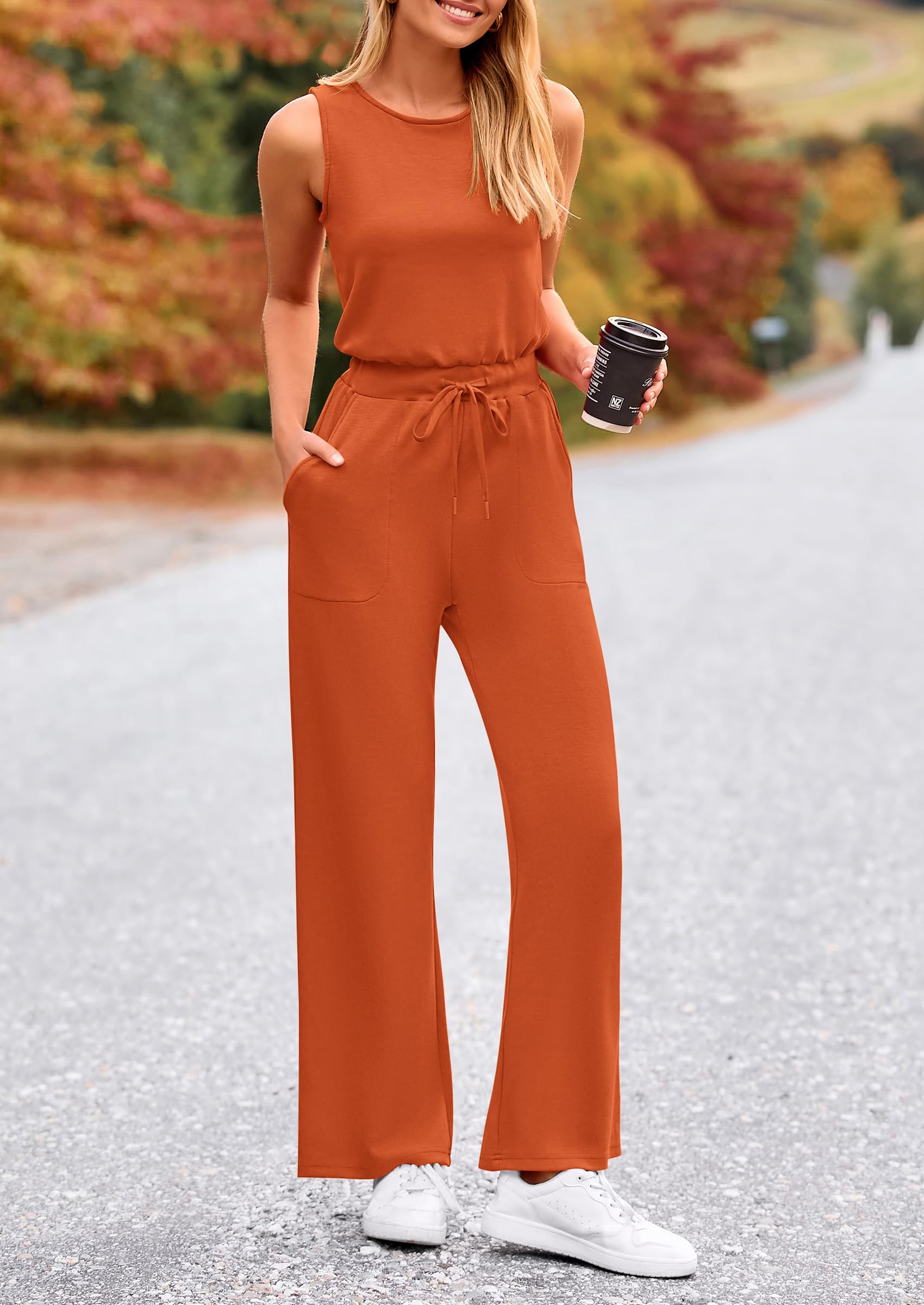 PRETTYGARDEN Womens Jumpsuits Summer Casual One Piece Outfits Sleeveless Wide Leg Long Pants Rompers