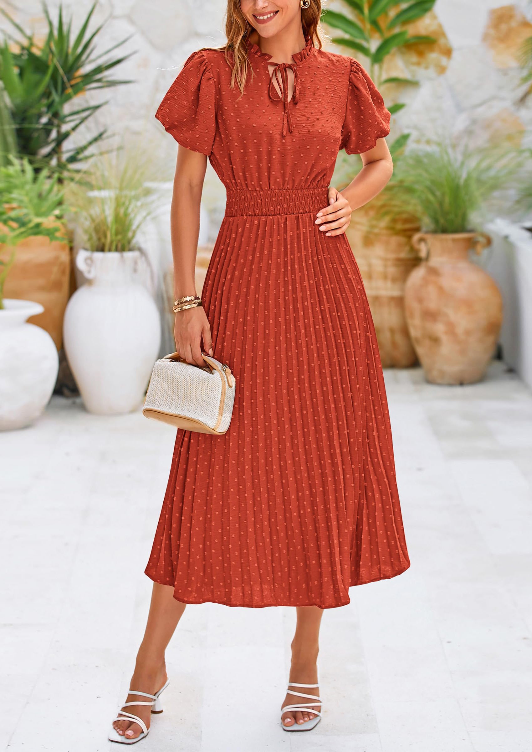 PRETTYGARDEN Womens Midi Dresses Puff Short Sleeve V Neck Swiss Dot Pleated A Line Flowy Long Wedding Guest Dress