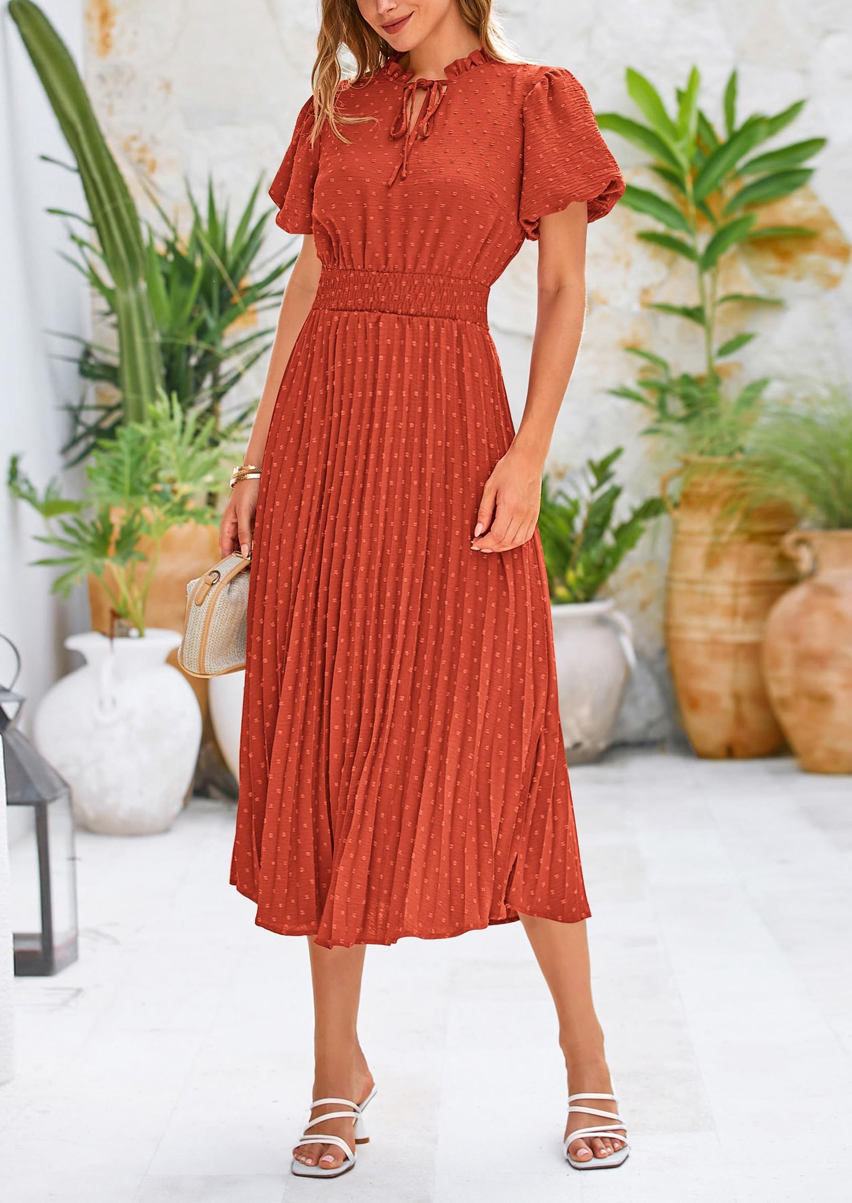 PRETTYGARDEN Womens Midi Dresses Puff Short Sleeve V Neck Swiss Dot Pl PRETTYGARDEN Womens Midi Dresses Puff Short Sleeve V Neck Swiss Dot Pl