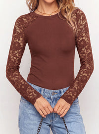 PRETTYGARDEN Sheer Lace Raglan Long Sleeve Shirts for Women | Soft Stretchy Knit,See Through Floral Sleeves,Crewneck Fitted Tshirts,Daily Going Out Tops,Office Layer,Fall Fashion Clothing