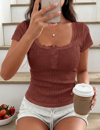 PRETTYGARDEN Summer Tops for Women 2026 Short Sleeve Lace Trim Slim Fitted Henley Tee Shirts Y2K Fashion Clothing PRETTYGARDEN