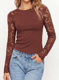 PRETTYGARDEN Sheer Lace Raglan Long Sleeve Shirts for Women | Soft Stretchy Knit,See Through Floral Sleeves,Crewneck Fitted Tshirts,Daily Going Out Tops,Office Layer,Fall Fashion Clothing