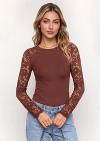 PRETTYGARDEN Sheer Lace Raglan Long Sleeve Shirts for Women | Soft Stretchy Knit,See Through Floral Sleeves,Crewneck Fitted Tshirts,Daily Going Out Tops,Office Layer,Fall Fashion Clothing