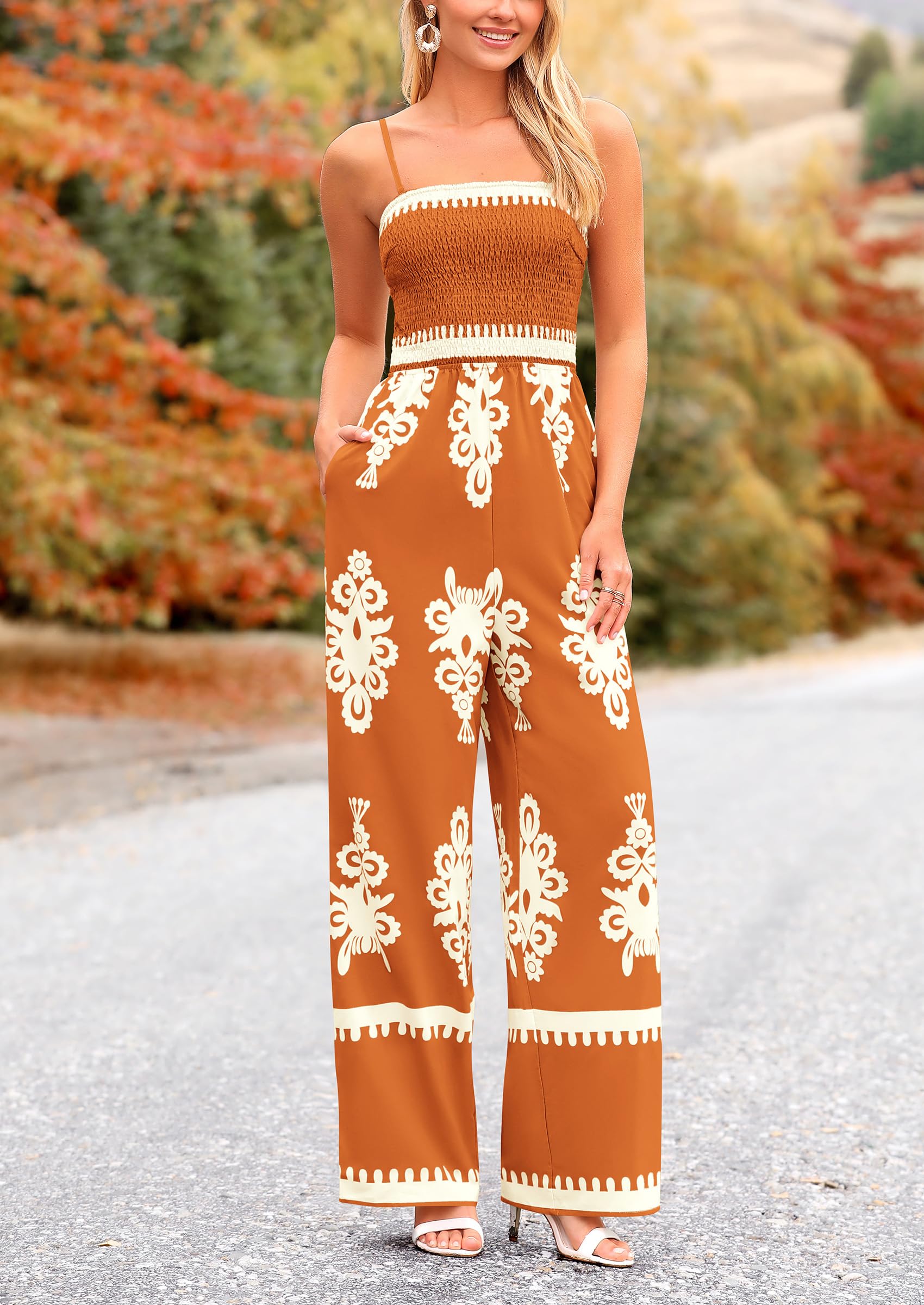 PRETTYGARDEN Boho Jumpsuits Beach Vacation Outfits Spaghetti Strap Wide Leg Pants Rompers