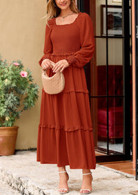 PRETTYGARDEN Women Fall Long Sleeve Smocked Maxi Dress Casual Square Neck Swiss Dot Tiered Ruffle Flowy Spring Pocket Dresses