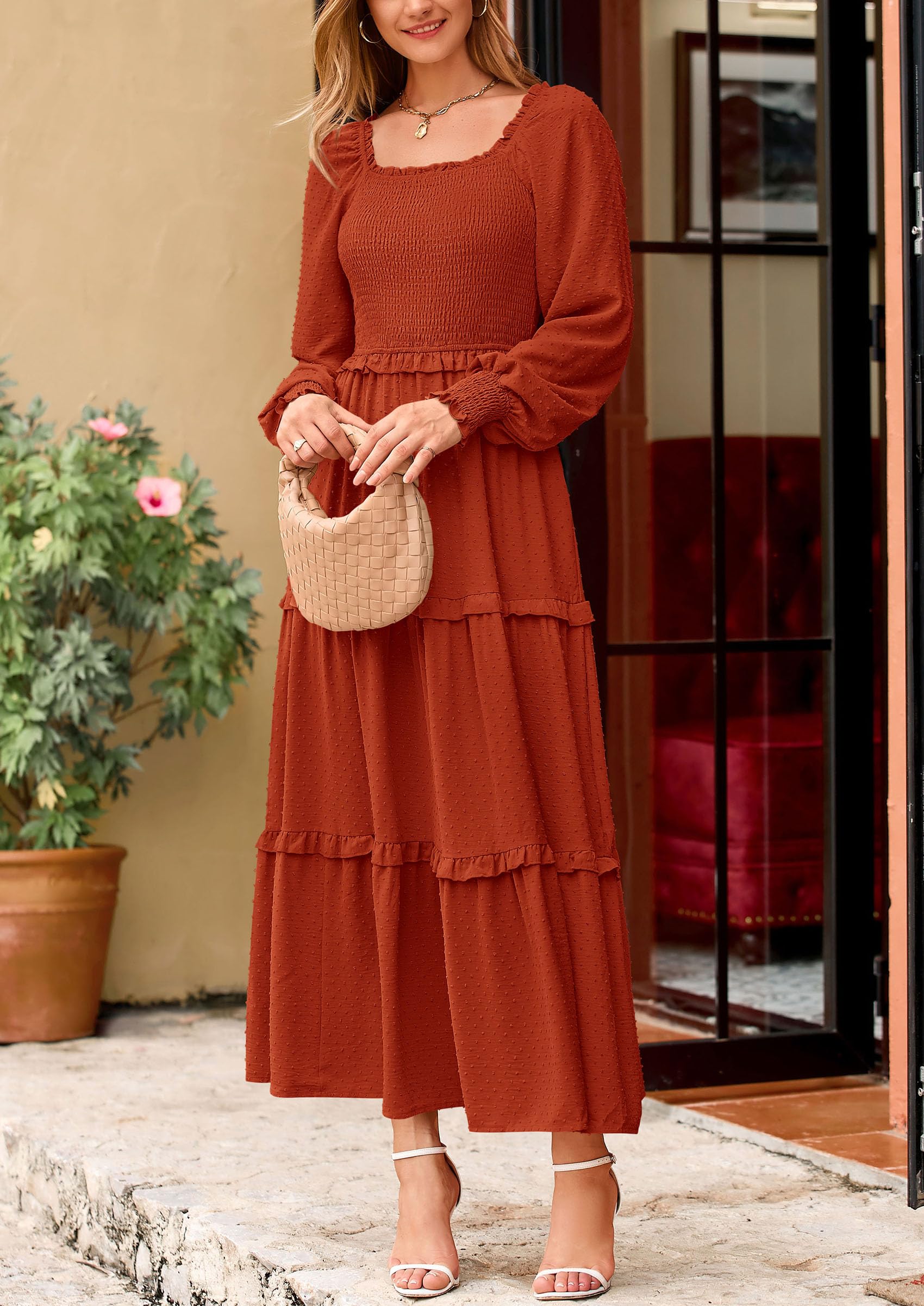 PRETTYGARDEN Women Fall Long Sleeve Smocked Maxi Dress Casual Square Neck Swiss Dot Tiered Ruffle Flowy Spring Pocket Dresses