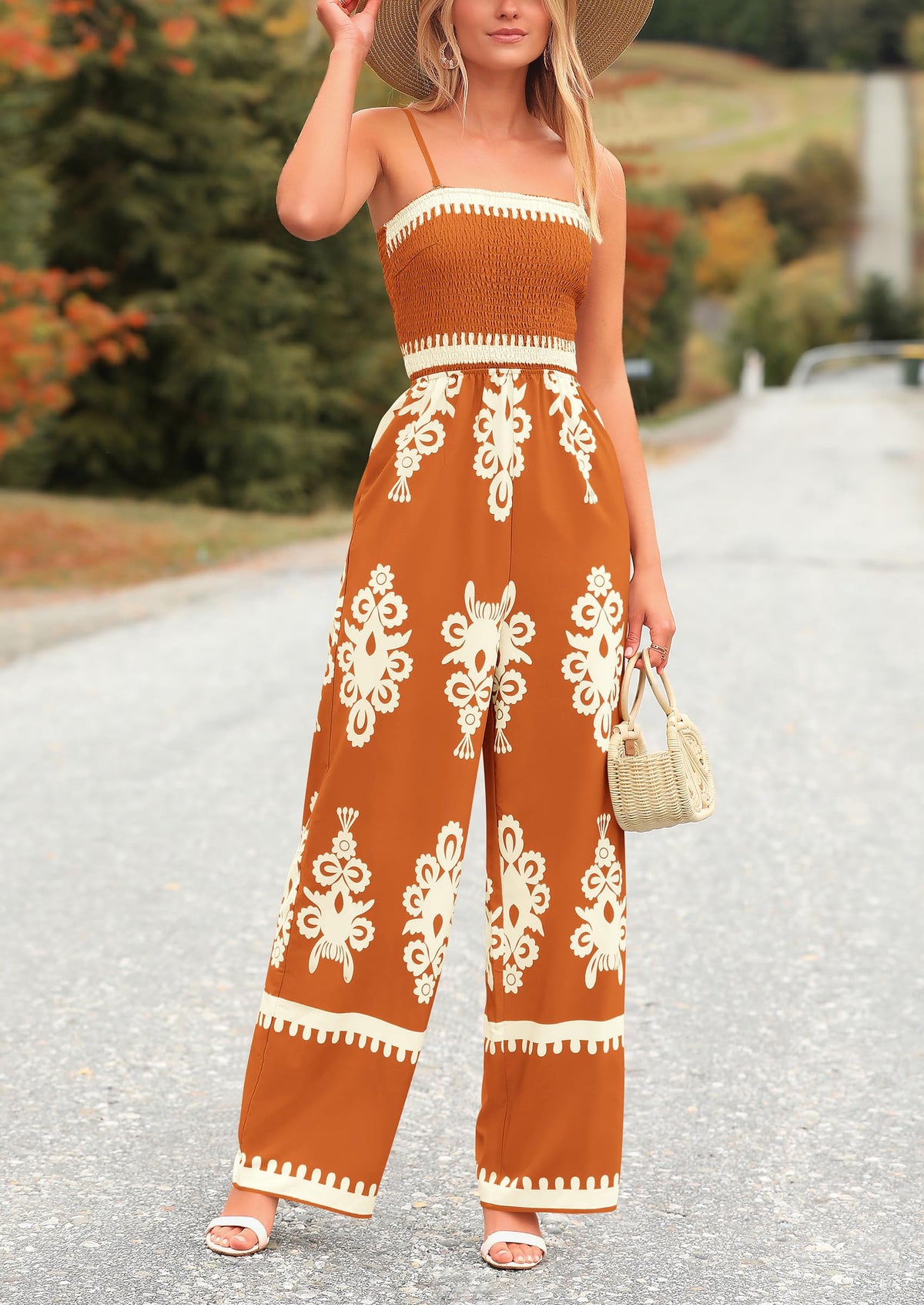 Spaghetti Strap Wide Leg Boho Jumpsuits