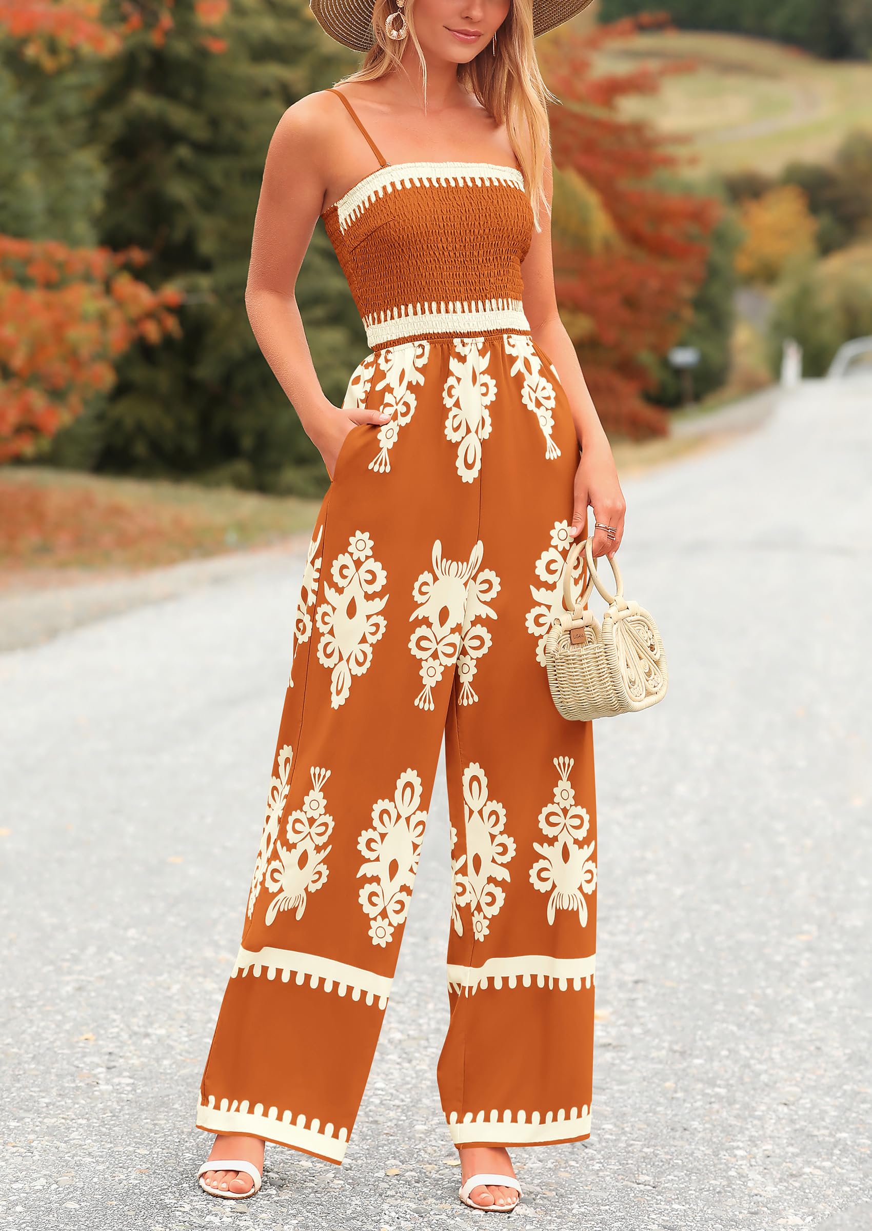 PRETTYGARDEN Boho Jumpsuits Beach Vacation Outfits Spaghetti Strap Wide Leg Pants Rompers