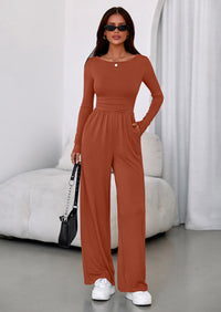 PRETTYGARDEN One Piece Jumpsuits for Women Dressy Casual Long Sleeve Crewneck Wide Leg Romper Overalls Spring Outfits