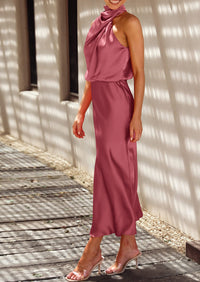 PRETTYGARDEN Women's Summer Satin Dress Elegant Sleeveless Mock Neck Cocktail Party Maxi Dresses