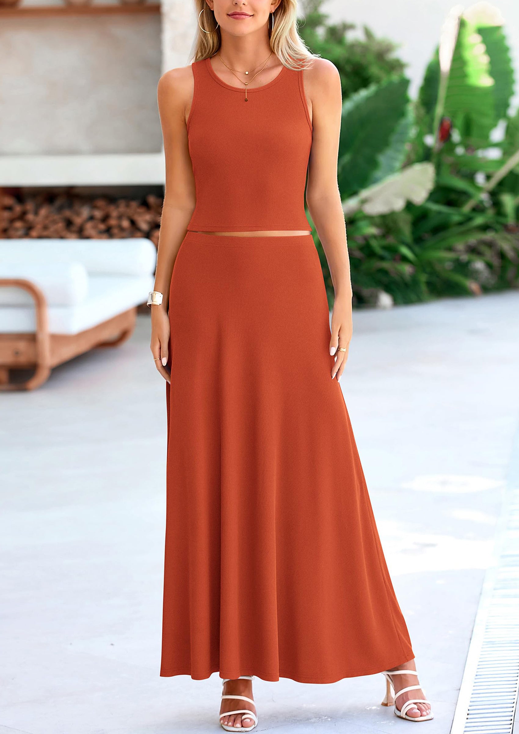 PRETTYGARDEN 2 Piece Maxi Skirt Sets Casual Knit Cropped Tank Top High Waisted Long Skirts Outfit