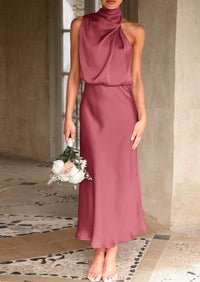 PRETTYGARDEN Women's Summer Satin Dress Elegant Sleeveless Mock Neck Cocktail Party Maxi Dresses