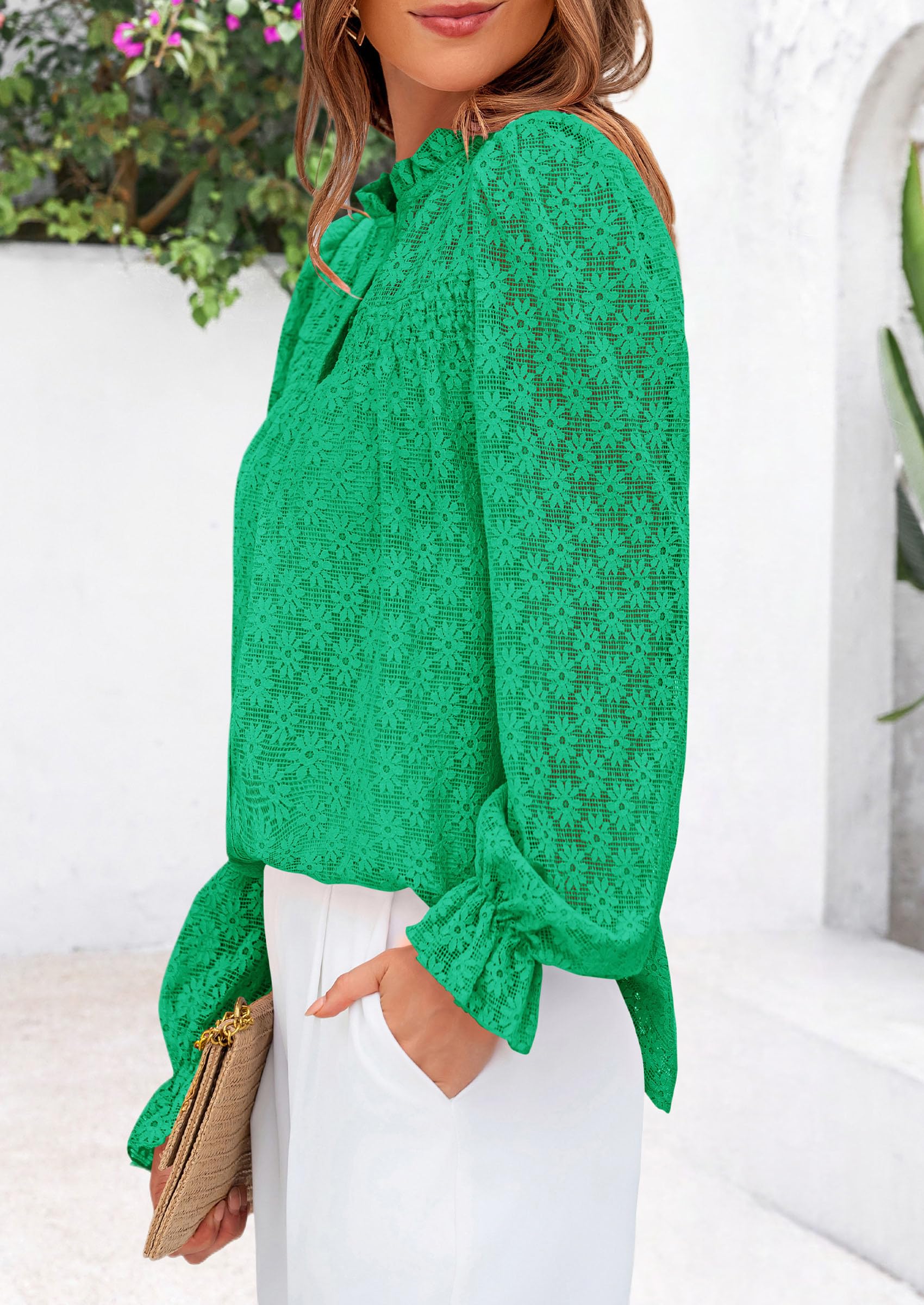 PRETTYGARDEN Lace Long Sleeve Tops for Women Eyelet Blouses Dressy Casual Hollow Out Button Down Shirts Summer Outfits