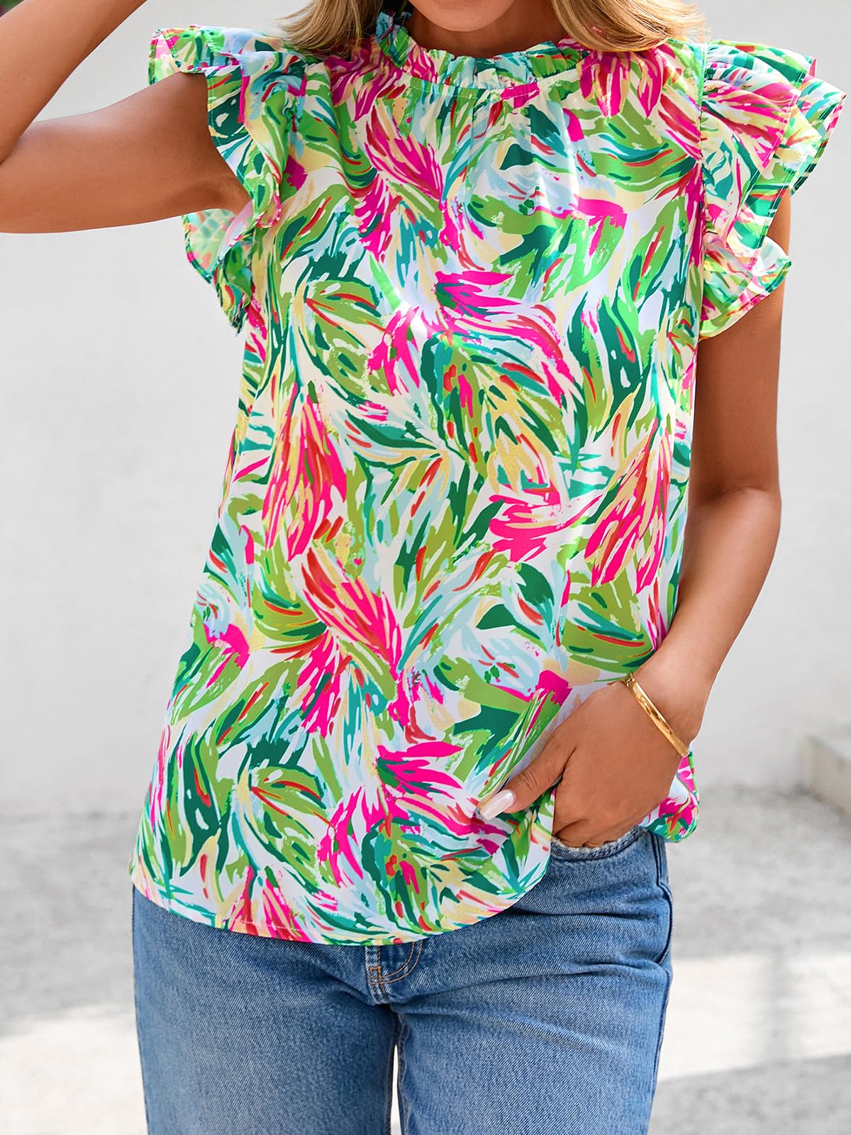 PRETTYGARDEN Women's Ruffle Short Sleeve Summer Tops Trendy Floral Trim Neck Casual Dressy Chiffon Boho Blouses Shirts PRETTYGARDEN