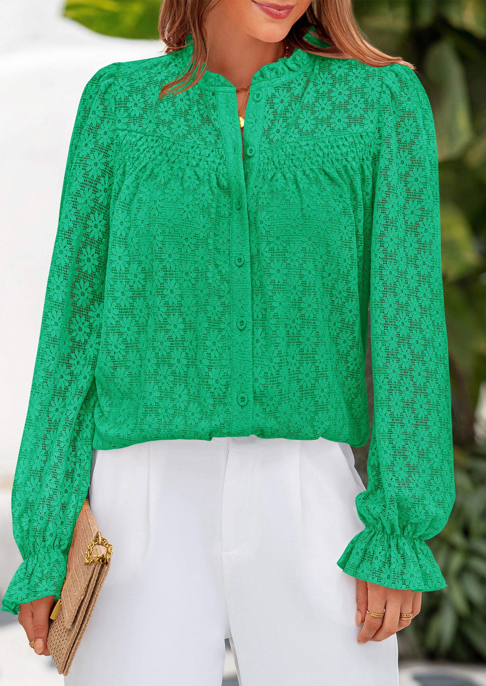 PRETTYGARDEN Lace Long Sleeve Tops for Women Eyelet Blouses Dressy Casual Hollow Out Button Down Shirts Summer Outfits