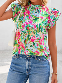 PRETTYGARDEN Women's Ruffle Short Sleeve Summer Tops Trendy Floral Trim Neck Casual Dressy Chiffon Boho Blouses Shirts PRETTYGARDEN