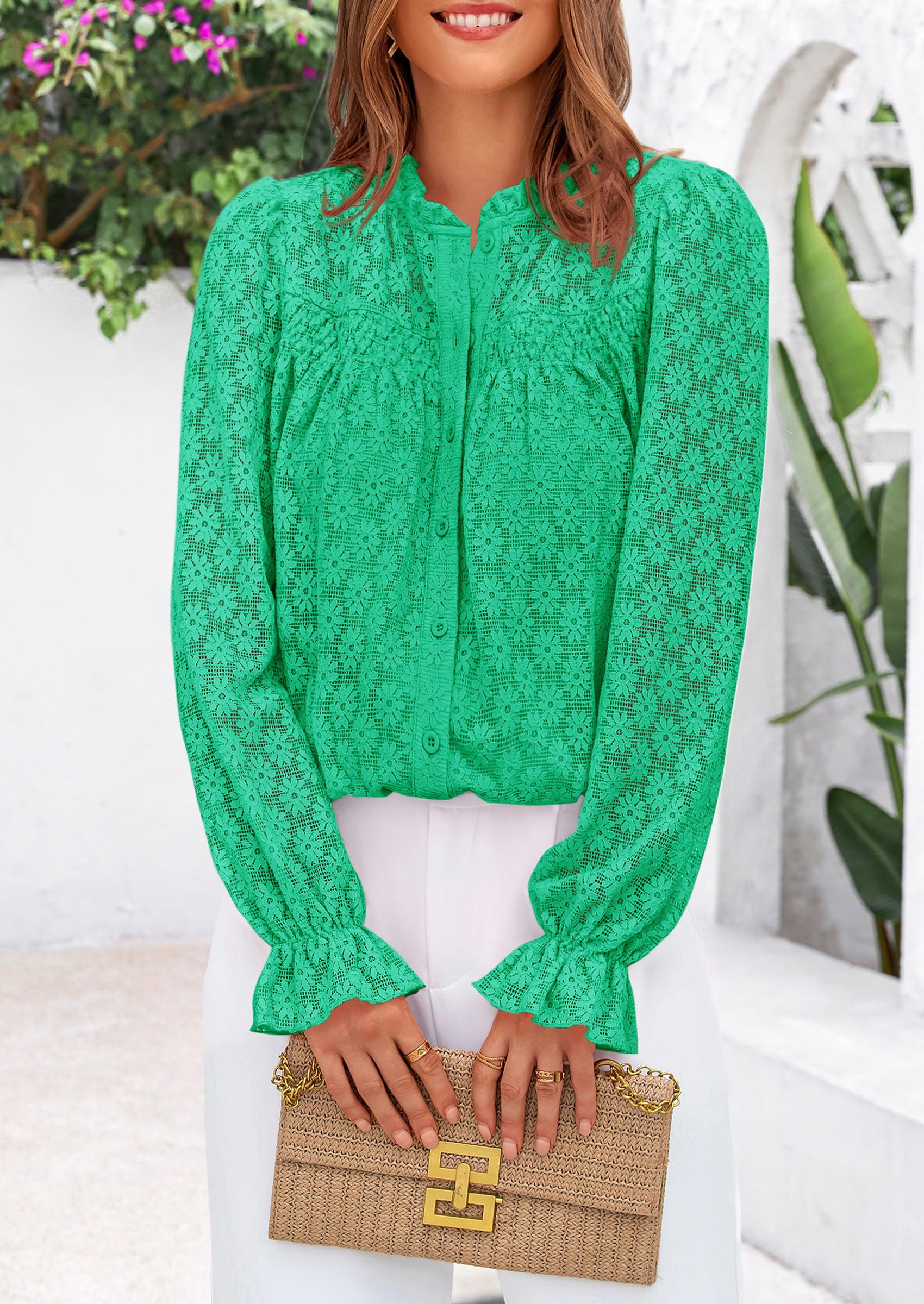 PRETTYGARDEN Lace Long Sleeve Tops for Women Eyelet Blouses Dressy Casual Hollow Out Button Down Shirts Summer Outfits