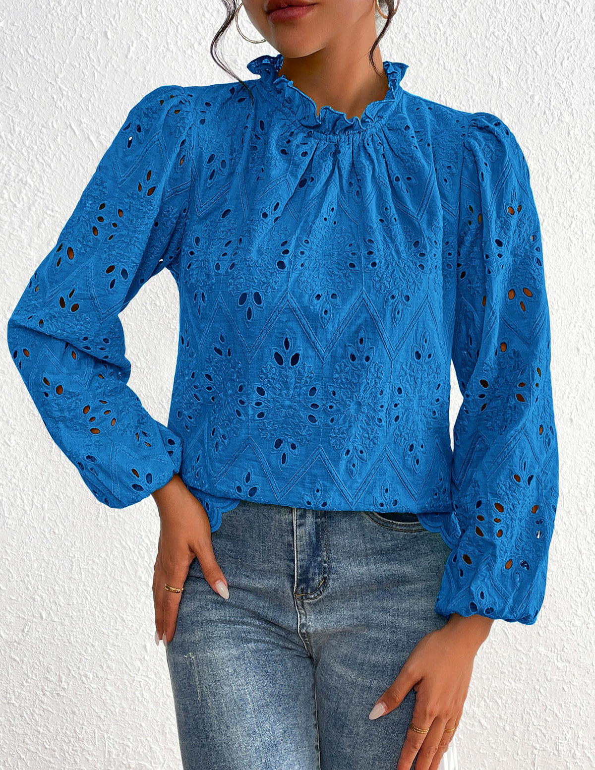 Womens Blouses Dressy Casual Embroidered Long Puff Sleeve Shirts Ruffle Eyelet Lace Top Fall Clothes