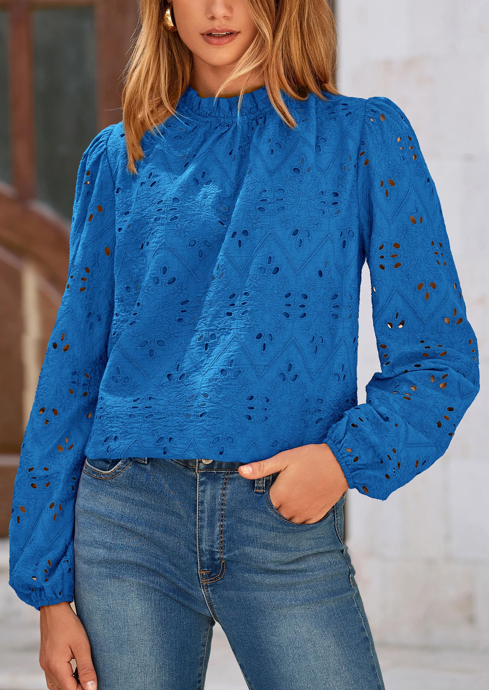 PRETTYGARDEN Womens Tops Dressy Casual Spring Long Sleeve Shirts Embroidered Eyelet Blouses Going Out Outfits