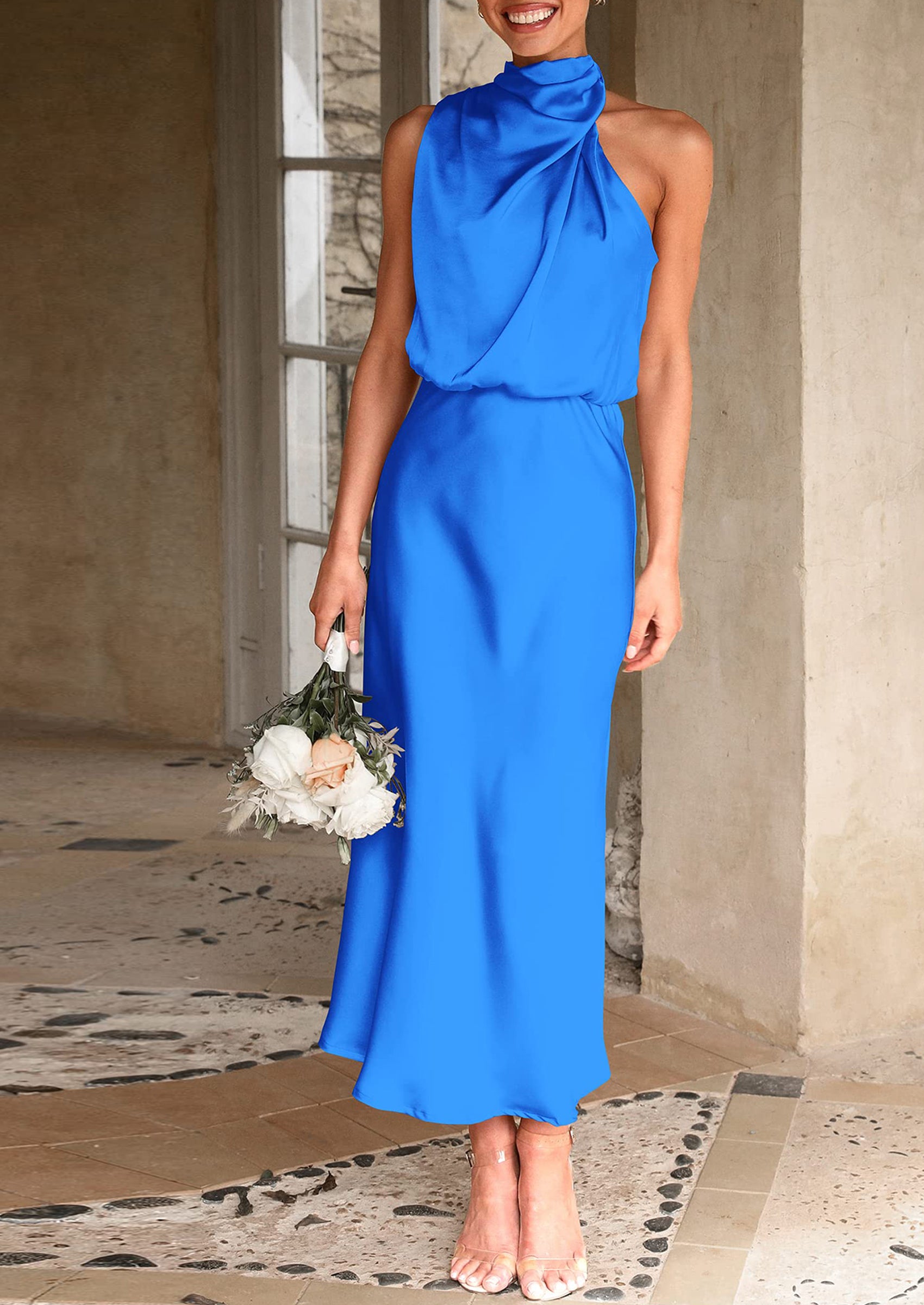 PRETTYGARDEN Women's Summer Satin Dress Elegant Sleeveless Mock Neck Cocktail Party Maxi Dresses