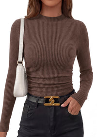 PRETTYGARDEN Womens Tops Fall Long Sleeve Going Out Shirts Ribbed Knit Mock Neck T-Shirt Fitted Ruched Y2K Crop Top