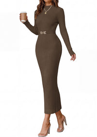 PRETTYGARDEN Women's Long Sleeve Bodycon Maxi Sweater Dress | Stretchy Rib Knit,Metal Buckle Waist,Back Slit,Work Cocktail Holiday Party Outfits,Fall Winter Winter Wedding Guest Dresses