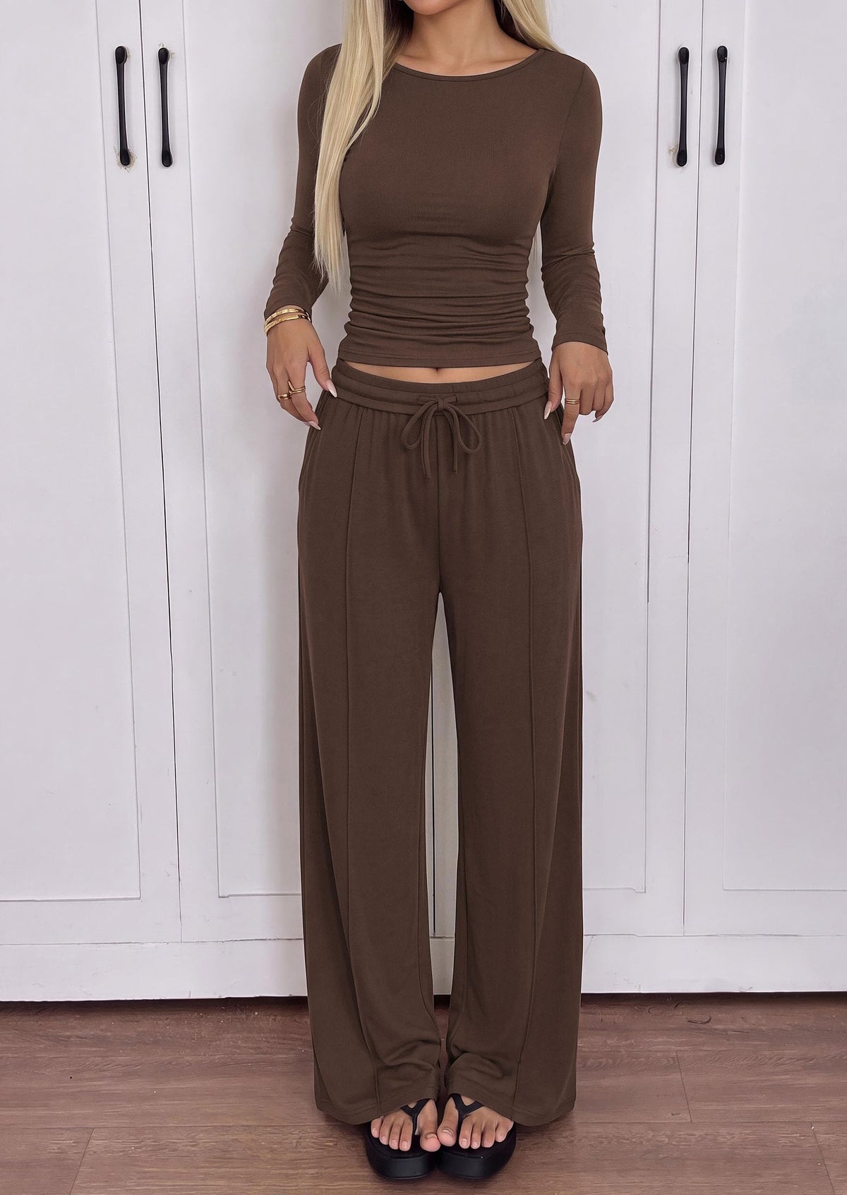 PRETTYGARDEN Women's Matching Lounge Sets 2 Piece Outfits  Boat Neck Long Sleeve , Wide Leg Pants Pockets, Ruched Waist, Travel Airport Resort Wear, Casual Fall Fashion Clothing