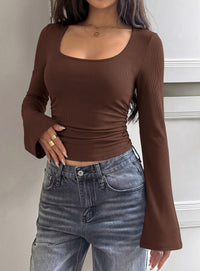 PRETTYGARDEN Womens Long Bell Sleeve Going Out Tops Fall Fashion 2026 Square Neck Ruched Ribbed Shirts Winter Y2K Clothes