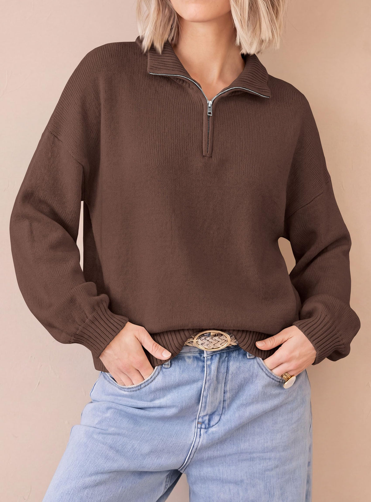 PRETTYGARDEN Women's Quarter Zip Pullover Oversized Sweaters | Collared Neck, Long Balloon Sleeve, Jumper Tops, Soft Cozy Knit, Ribbed Hem, Loose Fit, Fall Outfits, Winter Fashion Clothing
