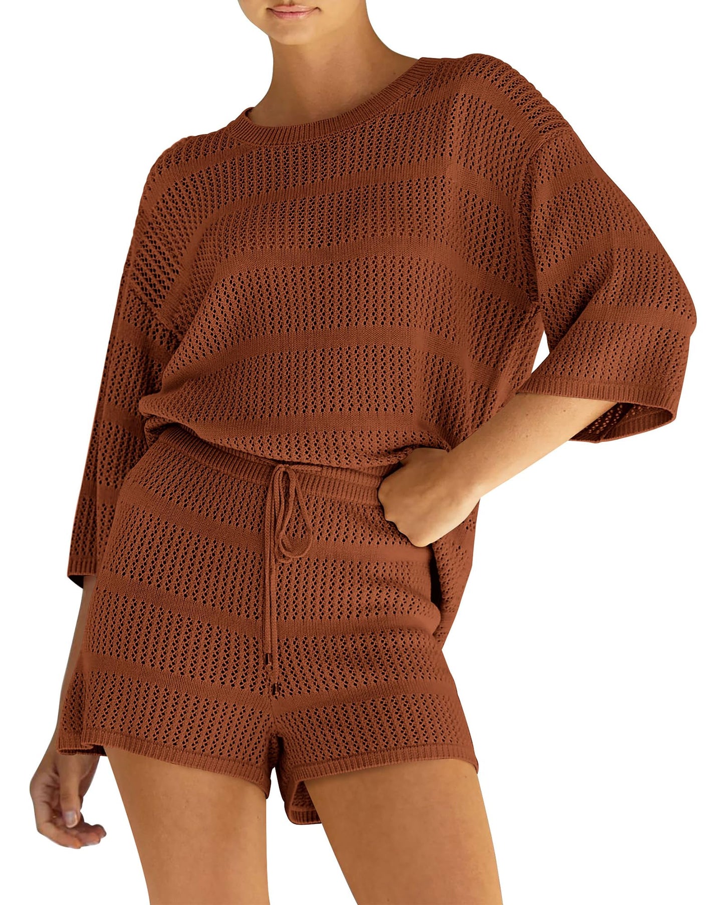 2 Piece Coverup Hollow Out Knit Half Sleeve Tops Shorts Swimsuit