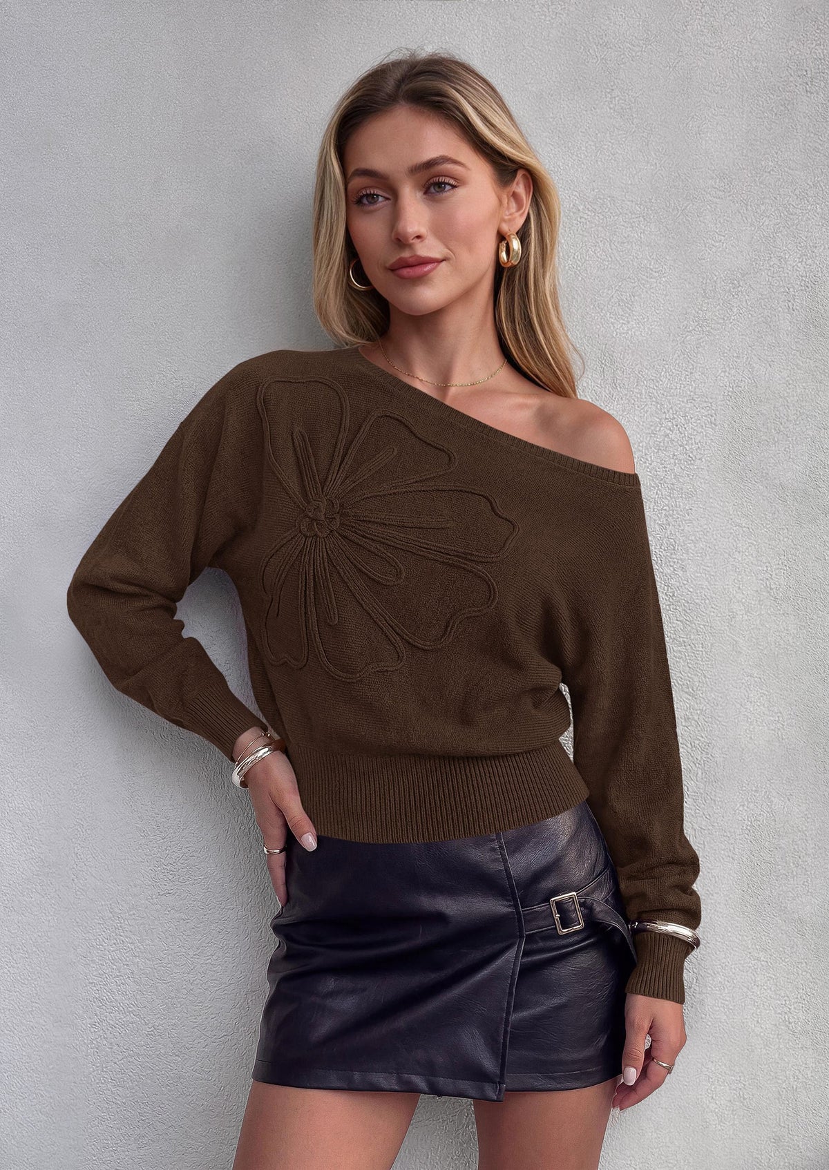 PRETTYGARDEN Women's Fall Off The Shoulder Sweater Tops   | 3D Flower Off Shoulder Sweater, Cinched Waist, Long Sleeve Cropped Sweaters, Knit Pullover Tops, Trendy Date Night Outfit