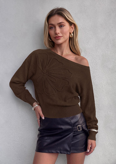 PRETTYGARDEN Women's Fall Off The Shoulder Sweater Tops   | 3D Flower Off Shoulder Sweater, Cinched Waist, Long Sleeve Cropped Sweaters, Knit Pullover Tops, Trendy Date Night Outfit