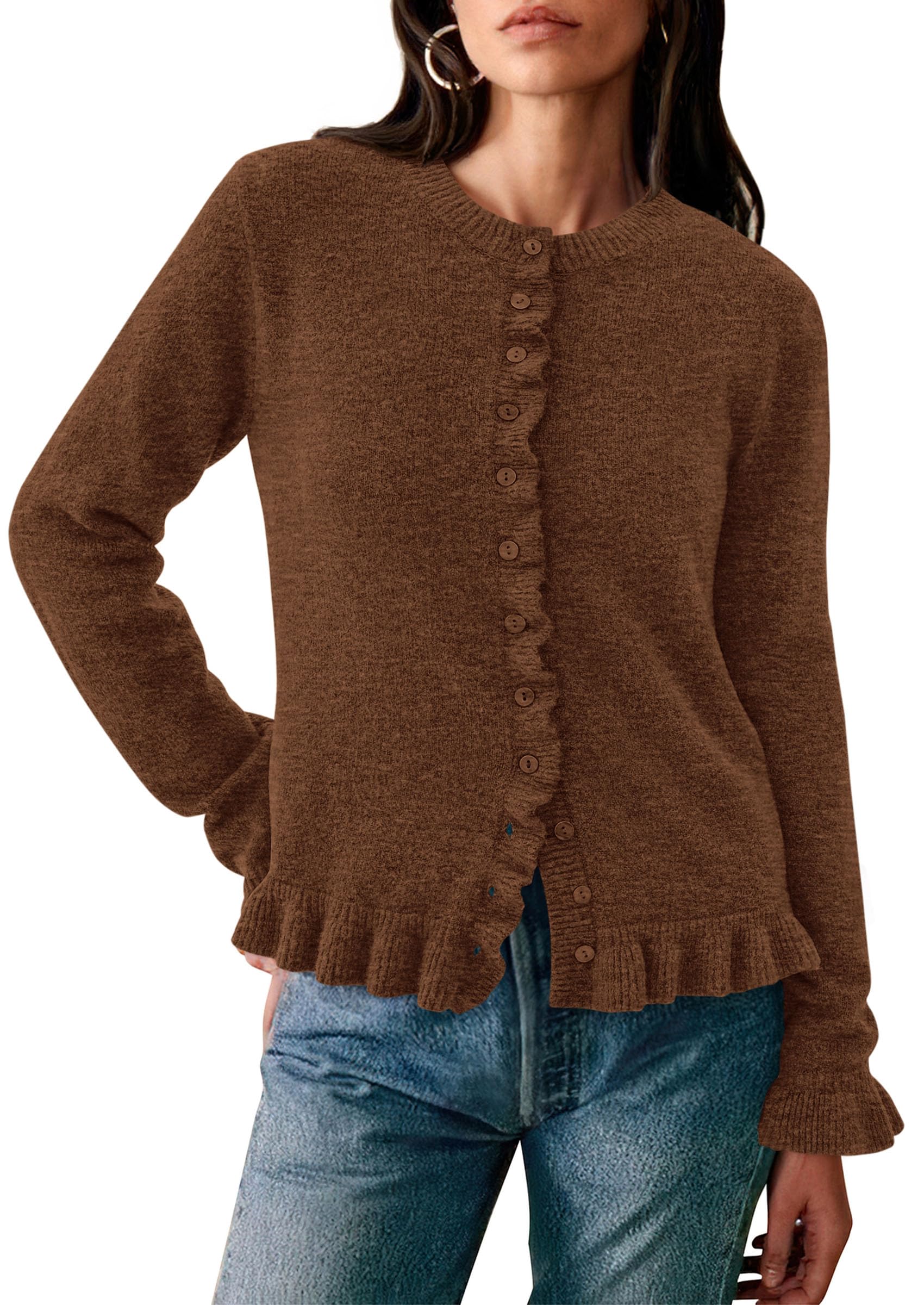 PRETTYGARDEN Womens Fall Button Down Cardigans Chunky Knit Ruffle Open Front Cropped Cardigan Sweaters Soft Long Sleeve Tops