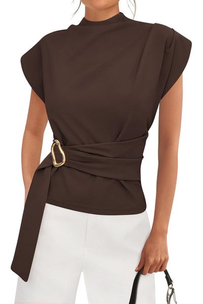 PRETTYGARDEN Women Blouses Spring Dressy Cap Sleeve Mock Neck Work Shirts Buckle Tunic Summer Business Casual Tops PRETTYGARDEN