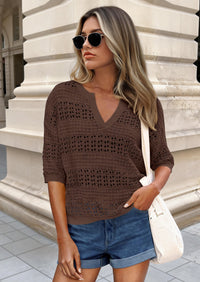 PRETTYGARDEN Womens Crochet Tops Casual Cotton Hollow Out Knit Short Sleeve Oversized Sweater for Women Summer Beach Cover Up PRETTYGARDEN