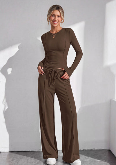 PRETTYGARDEN Womens 2 Piece Sets Long Sleeve Outfits  Soft Ribbed Knit, Loose Wide Leg Fit, Crop Top Drawstring High Waist Pants Set, Casual Lounge Travel, Matching Fall Clothes