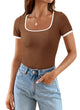 Summer Casual Short Sleeve Ribbed Knit Square Neck Color Block Slim Fit Basic Crop Tops