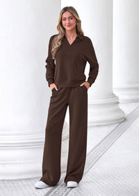 PRETTYGARDEN Womens Sweatsuits 2 Piece Outfits Matching Sets | Wide Leg Sweatpants & Polo V Neck Sweatshirt, Lounge Set, Comfy Airport Travel Outfits, Track suits, Fall Winter Clothes