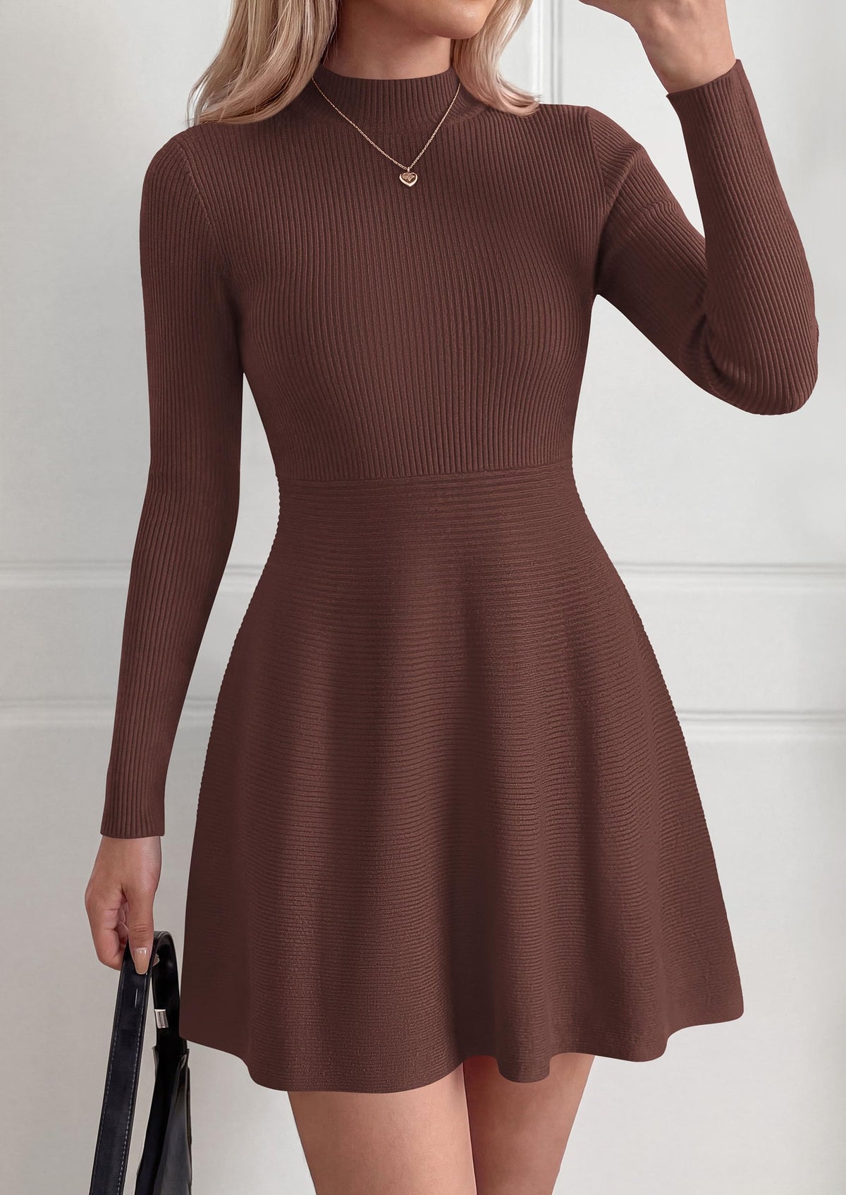 PRETTYGARDEN Womens Mock Neck Long Sleeve Sweater Mini Dress | Soft Ribbed Knit Flared A‑Line, Elegant Fall Winter Dresses for Wedding Guest, Cocktail & Holiday Party Casual Outfits